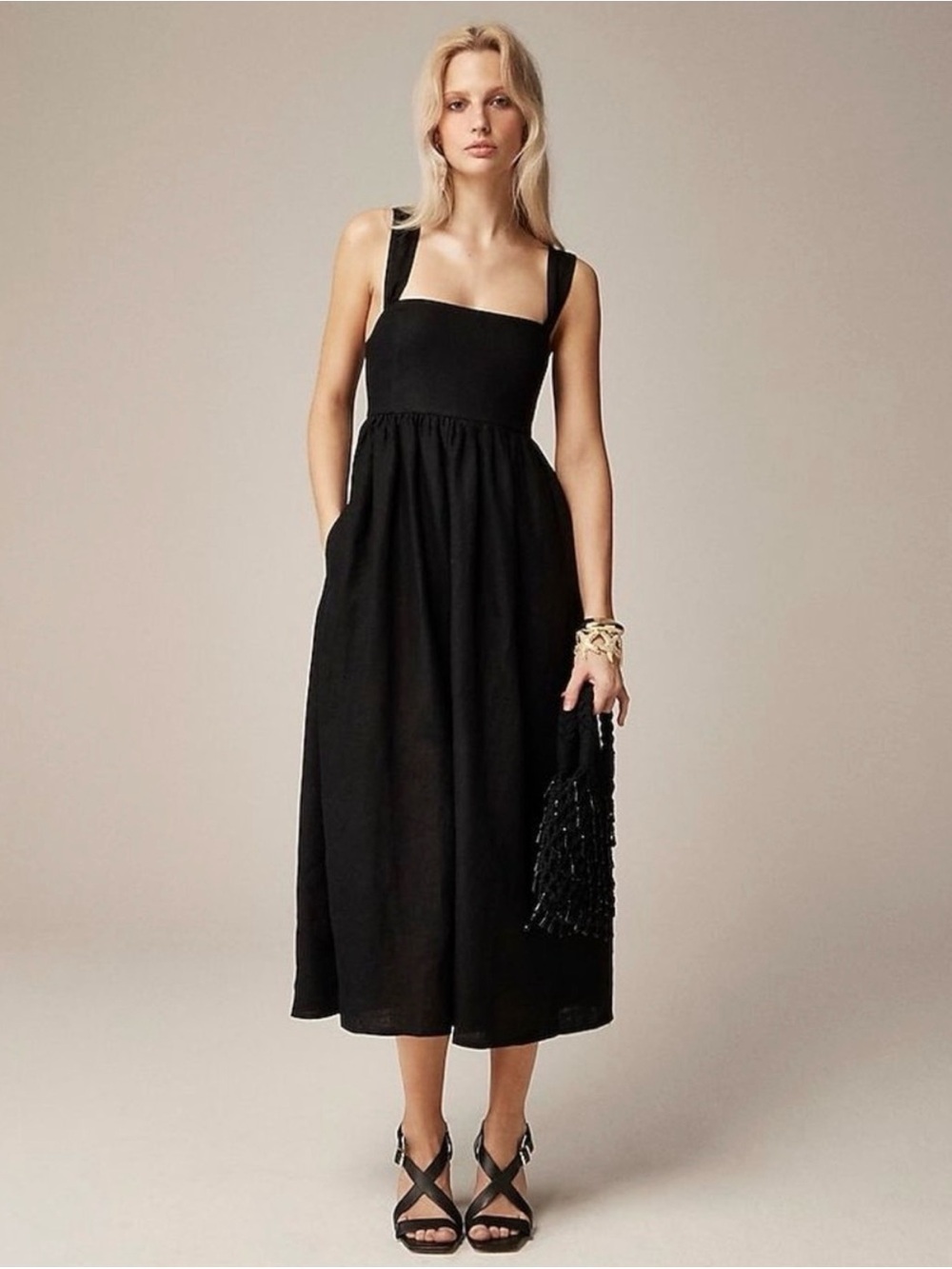 J. Crew Black Square-Neck Linen Midi Dress